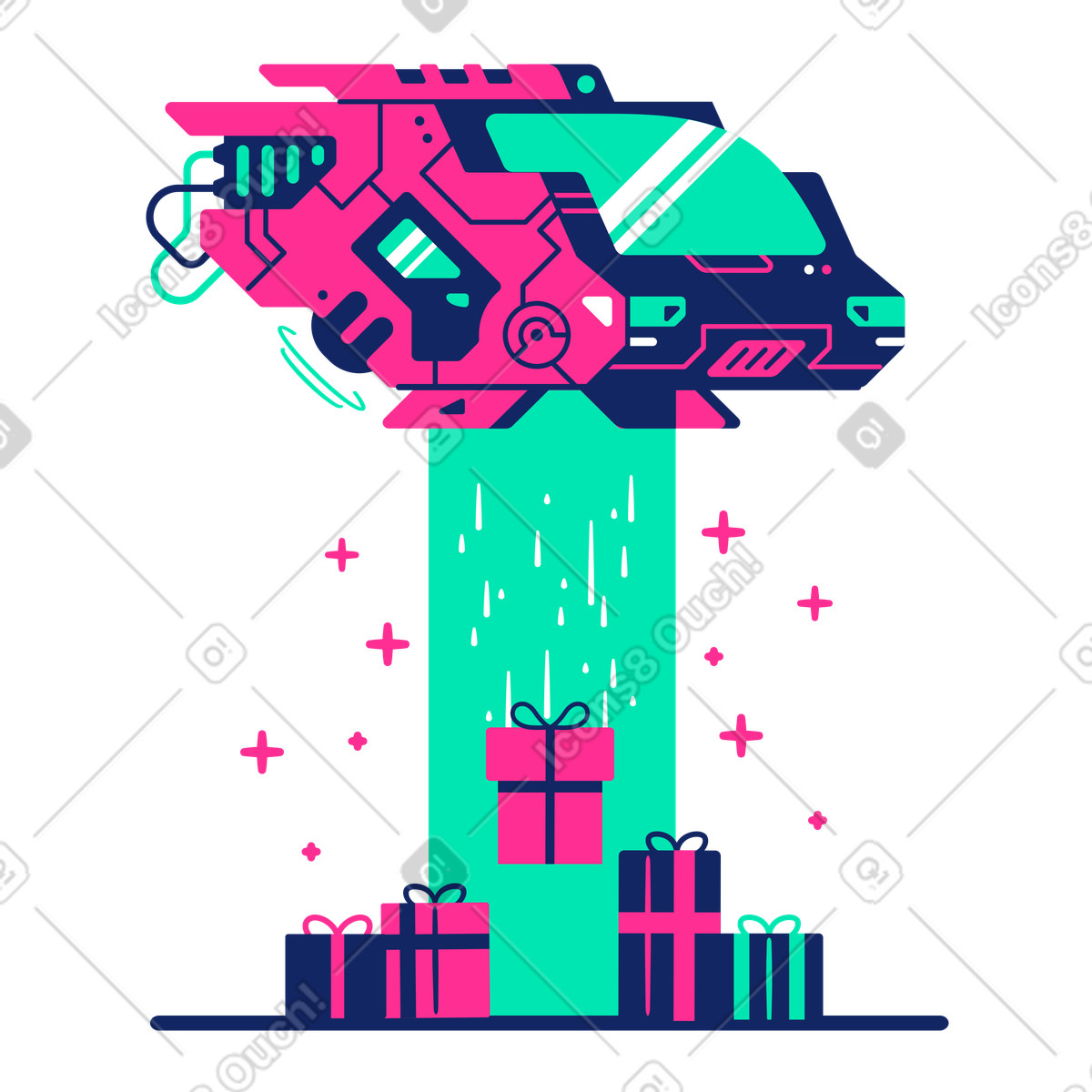 Veicolo futuristico che consegna regali tramite raggio illustrazione in stile Cyborg scarica in PNG, SVG