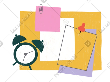 Board with post it notes and an alarm clock for planning PNG, SVG