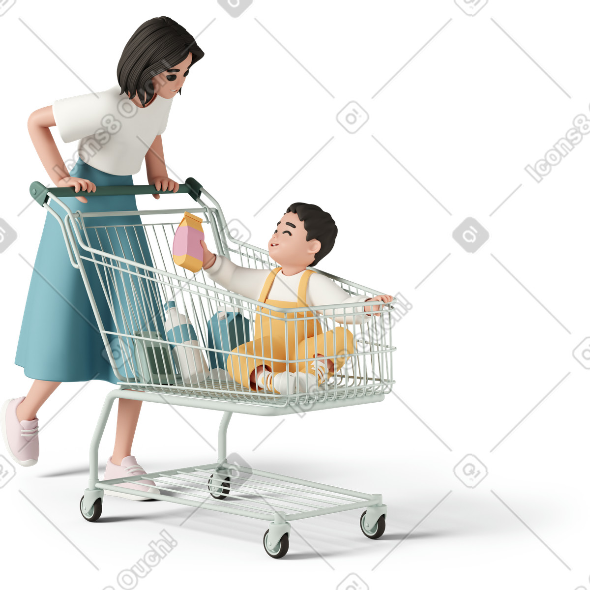 Woman with baby in supermarket cart illustration 3D Casual life style download PNG, SVG