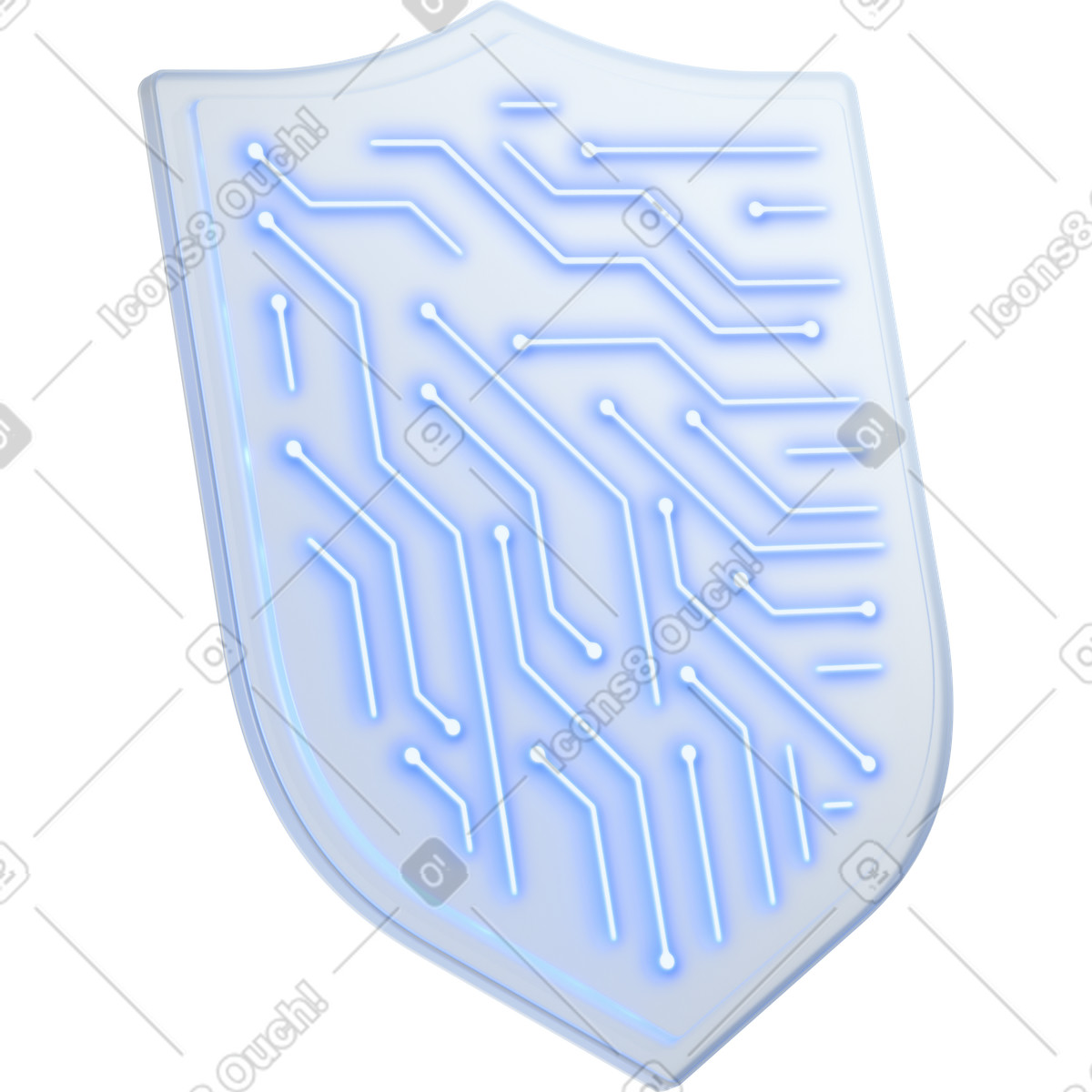 3D Pro スタイルの Shield cybersecurity symbol with glowing circuit lines protecting digital data のイラストをPNG、SVG形式でダウンロード
