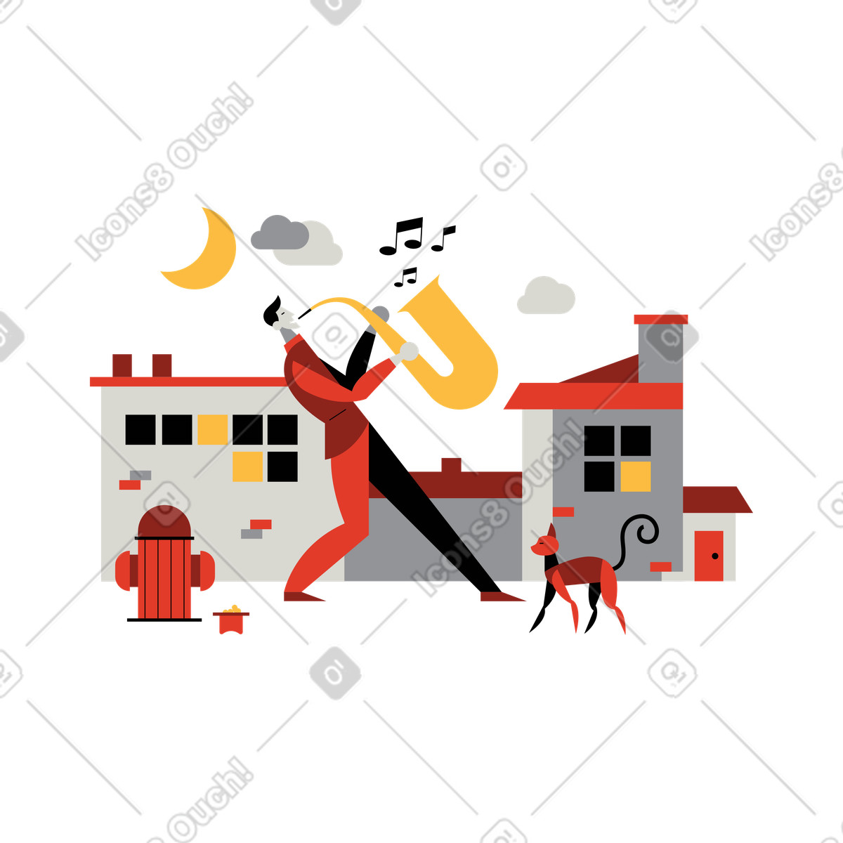 Ilustración Músico callejero tocando el saxofón. en estilo Burgundy a descargar en PNG y SVG
