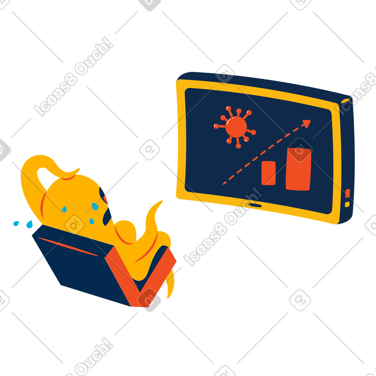 Flame スタイルの コロナウイルスの上昇グラフを見て心配そうなキャラクター のイラストをPNG、SVG形式でダウンロード