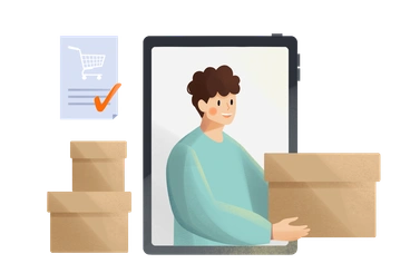 A person holding a box in front of a tablet - Shine style illustration