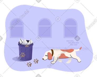 Dog following the trail to trash can PNG, SVG