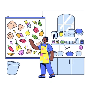 An artist painting a whimsical mural featuring naan and spices in a lively kitchen.