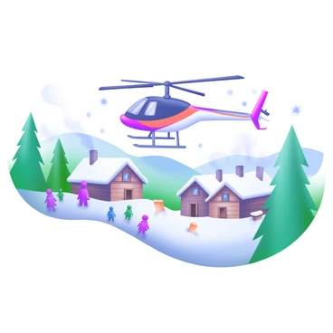 A helicopter is descending towards a snow-covered village surrounded by evergreen trees. The helicopter is painted in bright red and white colors, contrasting against the crisp white snow. The village consists of several cozy wooden cabins with smoke rising from their chimneys, indicating warmth inside. Snowflakes gently fall around the scene, creating a soft atmosphere. In the foreground, a group of villagers dressed in winter clothing watches the helicopter with curiosity. The landscape features rolling hills in the distance, all blanketed in a thick layer of snow.