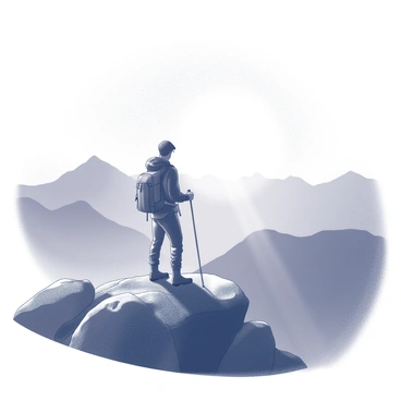 A solitary hiker is standing on the rocky peak of a mountain. The hiker is wearing a sturdy backpack and is dressed in layered outdoor clothing. The figure is facing the horizon, where the sun is rising, casting light across the landscape. The sky is filled with a gradient of light as the new day begins. The hiker's silhouette stands prominently against the expansive view, which includes distant mountain ranges and valleys below, all enveloped in a soft mist. The atmosphere reflects a sense of peace and solitude in nature.
