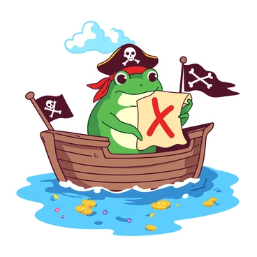 A green frog wearing a small pirate hat and a red bandana is standing confidently on the deck of a tiny wooden ship. The ship is adorned with a black flag featuring a skull and crossed bones. In the frog's right hand, it holds a parchment treasure map with a red "X" marking the location of hidden treasure. The deck is scattered with gold coins and shiny jewels, reflecting the adventure of the pirate frog. The background features a calm blue sea with a few fluffy white clouds in the sky.