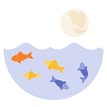 A serene scene depicting "fish" swimming gracefully beneath a "full moon." The moon casts a "soft light," illuminating the "clear water surface" and creating "gentle ripples." The fish are various colors, including "orange, blue, and yellow," and are swimming in different directions, adding movement to the tranquil setting. The moon is large and round, reflecting its glow in the water below.