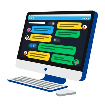 A computer screen displaying a virtual chat interface filled with various feedback comments. The screen features a dark background with colorful text bubbles in shades of blue, green, and yellow. Some comments are highlighted with a glowing effect, making them stand out. The chat includes emojis and user avatars alongside each message, adding a lively touch to the scene. The keyboard in front of the screen is slightly out of focus, suggesting an active environment.