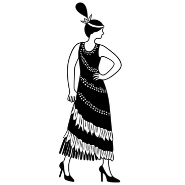 A figure in a 1920s flapper dress adorned with fringe and intricate decorative beadwork stands elegantly. The dress features layers of fringe that sway with movement, creating a dynamic appearance. The beadwork glimmers, showcasing elaborate patterns across the fabric. The figure has a headband with a decorative feather on it, adding to the vintage charm. The pose is confident, with one hand on the hip, highlighting the stylish silhouette of the dress. The background is simple, focusing attention on the fashion details of the outfit.