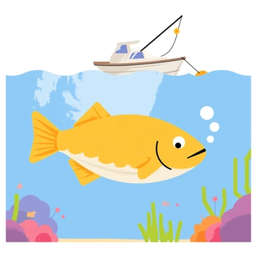 A "sunfish" swimming gracefully beneath a "small fishing boat." The underwater view reveals the "sunfish" with its distinct flat, round shape and textured skin. Sunlight filters through the water, casting dappled patterns on the ocean floor. The small fishing boat is visible above, with a "fishing rod" and "buoy" dangling over the side. Bubbles rise from the sunfish as it glides along, surrounded by "colorful coral" and "tiny fish" darting about in the clear blue water.