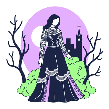 A figure stands in an outdoor setting under the moonlight. The figure is wearing a black lace dress that features intricate patterns and layers, cascading to the ground. The dress has long, flowing sleeves and a high neckline, accented with delicate lace trim. The moonlight casts a soft glow, highlighting the lace details and creating shadows around the figure. Surrounding the figure, there are tall, barren trees with twisted branches, adding to the gothic atmosphere. In the background, a shadowy silhouette of a distant castle can be seen against the night sky.