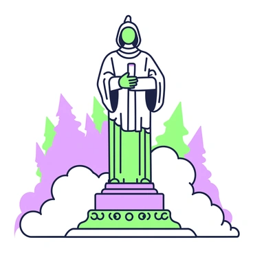 A towering statue of a guardian stands prominently, with intricate details carved into the stone. The guardian is depicted holding a scroll in its hands, with its posture suggesting vigilance and protection. Surrounding the statue, a dense layer of mist weaves through the air, creating an aura of mystery. The base of the statue rests on a circular platform adorned with engravings. In the background, faint silhouettes of trees can be seen, partially obscured by the mist.