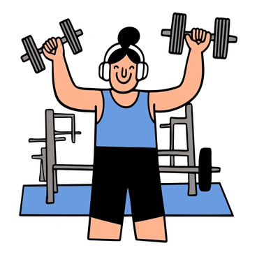 A person with light skin and short black hair is lifting a pair of dumbbells in each hand while wearing white headphones. They have a cheerful expression with a smile on their face. The person is dressed in a blue tank top and black athletic shorts. The background includes a gym setting with exercise equipment and weights visible, emphasizing a workout atmosphere.
