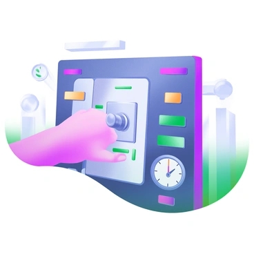 A hand reaching out to flip a large power switch on a control panel. The control panel is sleek and modern, featuring illuminated buttons and digital displays. The switch itself is oversized and prominently positioned, with a metallic finish. Surrounding the switch are various indicators and gauges, all clearly marked. The background includes hints of a high-tech environment, conveying a sense of functionality and control.