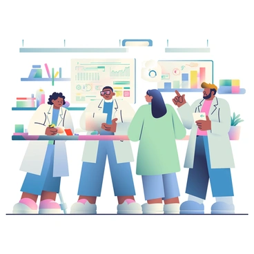 A group of four scientists and engineers are collaborating in a modern innovation lab. One scientist, with short curly hair and wearing a white lab coat, is examining a 3D printed model on the table. Next to her, a tall engineer with glasses and a blue shirt is typing notes on a laptop. A third team member, a woman with long black hair in a ponytail, is pointing at a large digital screen displaying complex data. The fourth member, a man with a beard and a lab coat, is sketching ideas on a notepad. The lab is filled with various advanced equipment, tools, and colorful materials scattered around, and bright overhead lights illuminate the workspace.