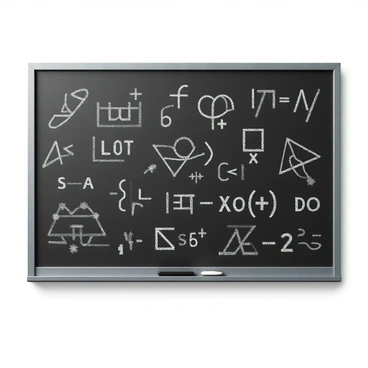 A large blackboard set against a simple wall, filled with intricate 3D mathematical equations written in white chalk. The equations are composed of various geometric shapes, angles, and symbols, creating a complex and visually engaging display. The chalk marks have a textured appearance, emphasizing the contrast against the dark background of the blackboard. The light source casts subtle shadows, enhancing the three-dimensional effect of the equations.