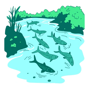 A turquoise school of fish is swimming upstream in a transparent flowing river. The fish are moving together in a streamlined formation, their scales shimmering in the sunlight. The river is surrounded by lush green foliage, and the water is clear, allowing a view of smooth pebbles at the riverbed. Gentle ripples form in the water as the fish swim energetically, creating a dynamic scene of movement and life.