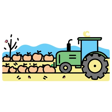 A green tractor is moving through an autumn field, harvesting rows of ripe pumpkins. The tractor has large, sturdy tires and is equipped with a wide, open attachment to collect the pumpkins. Surrounding the tractor are rows of bright orange pumpkins sitting on the ground, some with green vines still attached. The field is filled with tall, golden grasses and scattered leaves in various shades of red, orange, and yellow, reflecting the season. In the background, there are a few bare trees with their branches silhouetted against a clear blue sky.
