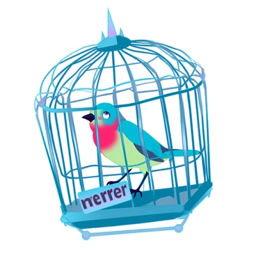 A small, colorful bird with vibrant feathers, exhibiting a sense of desperation, is perched inside a metallic cage. The cage is intricately designed, with sharp, angular bars creating a stark contrast to the bird's delicate form. The cage has a bold label reading "hatred" prominently displayed on its front. The bird's eyes are wide and expressive, reflecting a longing for freedom. Outside the cage, a clear blue sky is visible, hinting at the vast openness beyond the confinement. The scene captures the contrast between the beauty of the bird and the harshness of its surroundings.