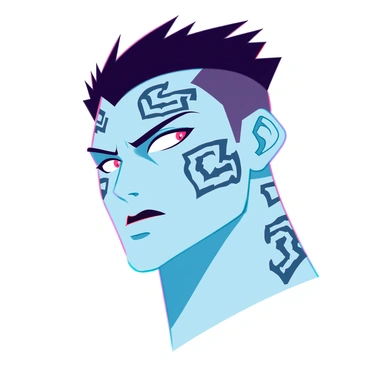 A detailed portrait of "Sukuna," a man with a fierce expression and piercing eyes. He has short, spiky dark hair that adds to his intimidating presence. His face is adorned with intricate tattoos, which cover his cheeks and forehead, resembling swirling patterns that accentuate his features. The tattoos are dark and bold, contrasting sharply against his light skin. He has sharp, defined cheekbones and a slightly curled lip that conveys a sense of power and intensity. The background is a subtle blur, ensuring that all focus remains on his formidable figure and expression.