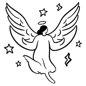 A guardian angel with expansive wings is depicted in a black-and-white illustration. The wings are intricately detailed, showcasing elegant feather patterns. The angel's body is adorned with flowing garments that drape gracefully. Surrounding the angel are various stars and celestial symbols, each with distinct shapes and designs, creating a cosmic atmosphere. The overall composition emphasizes the grand presence of the angel against the celestial backdrop.