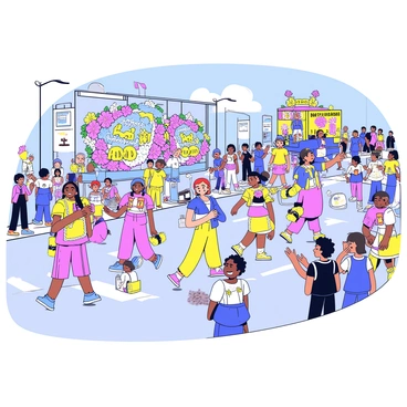 A colorful parade taking place on a bright sunny day. Various performers in vibrant costumes are marching along the street, showcasing their outfits filled with bright colors and patterns. There are several floats decorated with flowers and whimsical designs, each representing different themes. The floats are adorned with large, colorful banners that say "Welcome to the Parade." A crowd of cheerful spectators is gathered on both sides of the street, some waving flags and others taking pictures.