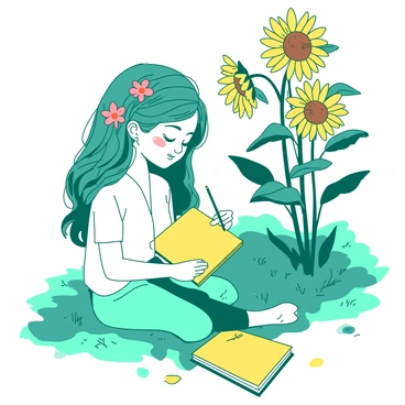 A teal girl with a playful expression has vibrant flowers woven throughout her hair. She is sitting on a patch of grass in a white garden filled with blooming sunflowers. The girl is focused on sketching the sunflowers using a yellow sketchbook, and there are yellow and teal splashes of watercolor surrounding her. The sunflowers are tall and bright, reaching towards the sky, while the girl’s hand gently holds a pencil as she captures their beauty on paper.