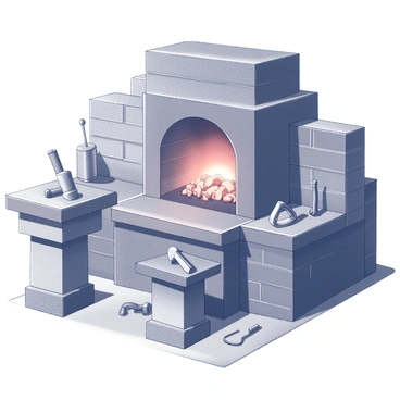An industrial blacksmith's forge is present, with a large stone hearth at the center. Inside the forge, there are "red-hot coals glowing intensely," illuminating the surrounding area. Various tools are scattered around, including hammers and tongs, indicating recent activity. A sturdy anvil sits nearby, with a few metal pieces in various stages of crafting placed on top of it. The walls of the forge are made of dark stone, adding to the rugged atmosphere. The air is filled with the essence of metalwork, creating a sense of industrious energy.
