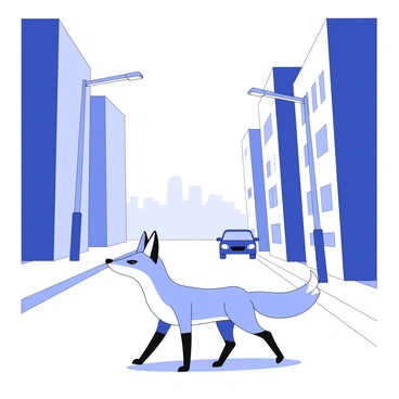 A fox is crossing a city street. The fox is in a cautious stance, with its ears perked up and eyes alert. The street is lined with tall buildings that create a sense of urban environment. Streetlights are still illuminating the area, casting soft shadows. In the background, silhouettes of parked cars can be seen. The time is dawn, indicated by the faint light on the horizon. The pavement is smooth and reflects some of the ambient light. The overall scene captures a moment of stillness in the early morning city.