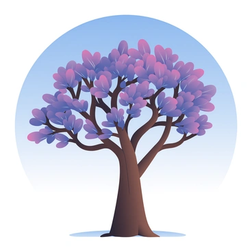 A solitary tree stands prominently in the center of the image. The trunk of the tree is sturdy and textured, with deep brown bark. The branches extend outward, adorned with vibrant amethyst leaves that shimmer in shades of purple and violet. Each leaf catches the light, creating a striking contrast against the clear blue sky above. The background features a gentle gradient of blue, transitioning from a lighter hue near the horizon to a deeper blue higher in the artwork. The tree casts a soft shadow on the ground beneath it, enhancing its presence in the tranquil setting.