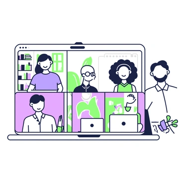 A group of five professionals is engaged in a video conference call on their laptops. Each individual is in a separate square on the screen, displaying varying backgrounds that suggest different home office setups. The first person, a woman with long hair, is wearing a blue blouse and is sitting in front of a bookshelf filled with books. The second person, a man with glasses, has a green plant behind him and is wearing a black shirt. The third individual, an older man with a beard, is dressed in a white shirt and has a piece of artwork on his wall. The fourth participant, a young woman with curly hair, is in front of a window with natural light streaming in, wearing a casual top. Lastly, a man with short hair is sitting at a desk cluttered with papers, wearing a checkered shirt. All participants are smiling and appear to be sharing ideas enthusiastically.