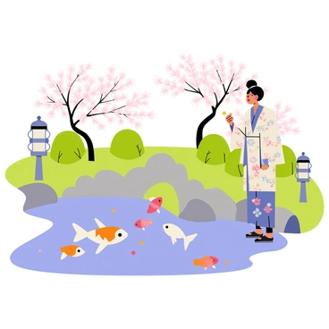 A person standing at the edge of a calm pond in a Japanese garden is feeding a group of orange and white carp. The person is wearing a traditional kimono with floral patterns in shades of blue and pink. Surrounding the pond are neatly trimmed bushes and colorful koi fish swimming near the surface. Delicate cherry blossom trees are in bloom, their pink petals floating gently on the water. Stone lanterns and strategically placed rocks enhance the serene atmosphere of the garden.