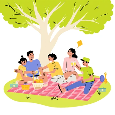 A family of four is sitting on a red and white checkered picnic blanket spread under a large, leafy green tree. The father, wearing a blue shirt and shorts, is smiling as he hands a sandwich to his daughter, who has curly brown hair and is wearing a yellow dress. The mother, dressed in a light pink blouse and jeans, is pouring lemonade into two glasses while their son, wearing a green cap and a T-shirt, is playing with a frisbee nearby. Sunlight filters through the branches of the tree, casting dappled patterns on the grass around them. In the background, there are a few colorful picnic baskets and a kite flying in the blue sky.