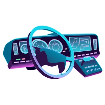 A detailed car dashboard with a sleek, modern design featuring a variety of abstract dials and symbols. The dashboard is equipped with a large digital display showing geometric patterns and vibrant, glowing icons. There are round analog speed and fuel gauges with a futuristic twist, each displaying intricate designs and unusual shapes. LED lights illuminate various sections of the dashboard, casting a colorful glow. The steering wheel has a smooth, ergonomic shape, lined with buttons and controls that reflect a high-tech aesthetic.