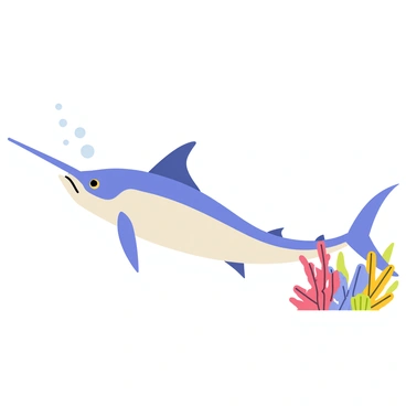 A cartoon-style illustration of a marlin swimming gracefully in the ocean. The marlin features a long, elongated bill that extends prominently from its snout. Its body is streamlined with distinct dorsal fins and a vibrant blue color on its back, fading to a lighter hue on its belly. Bubbles rise around the marlin, indicating movement through the water. Additionally, there are colorful coral formations in the foreground, enhancing the underwater environment.