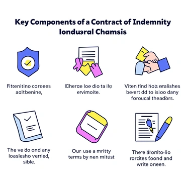 An illustrated infographic displaying the key components of a contract of indemnity. At the top, there is a title section with the words "Key Components of a Contract of Indemnity" in a bold font. Below the title, there are several sections, each featuring a distinct icon representing different components. 

One section includes an icon of a shield with a checkmark, symbolizing protection. Another section displays an icon of two shaking hands, representing agreement and consent. A third section features an icon of a document with a pen, illustrating the necessity of written terms. 

Each section has a brief description in simple text beneath the icons, explaining the significance of that component. The overall color scheme is minimalistic with a limited palette, ensuring clarity and focus on the icons and text.