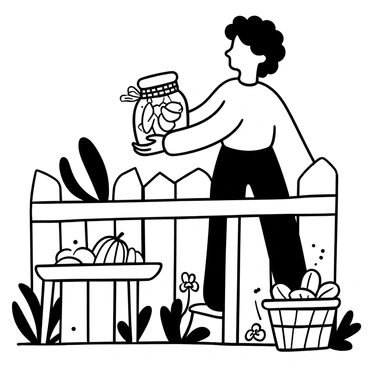 A neighbor with curly hair is reaching over a white picket fence, presenting a large glass jar filled with homemade pickles. The jar is sealed with a checkered cloth and tied with twine. The background features a well-maintained garden, with a basket of fresh cucumbers resting on a small wooden table nearby. Garden flowers are scattered around, adding detail to the scene.