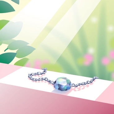 A delicate silver necklace is draped over a wooden windowsill. The necklace features a large, clear crystal pendant that refracts sunlight, creating a spectrum of colors on the surface below. The sunlight streams in from the window, illuminating the pendant and casting soft, colorful reflections on the nearby surface. The background consists of blurred green leaves from a garden visible outside the window, adding a touch of nature to the scene.