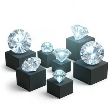 A jewelry exposition featuring a collection of sparkling diamonds displayed on elegant black velvet stands. Each diamond is reflecting the light from a bright spotlight positioned above, creating shimmering highlights and intricate patterns. The diamonds vary in size and cut, showcasing round, princess, and emerald shapes. The background is softly blurred to keep the focus on the diamonds, enhancing their brilliance and clarity.