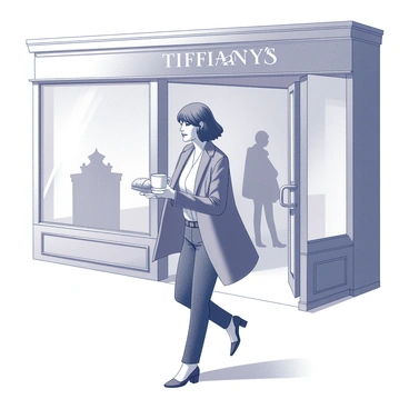 A fashionable figure dressed in an elegant outfit is walking past an upscale storefront with the name "Tiffany's" prominently displayed. The figure is holding a small breakfast, which includes a croissant and a cup of coffee, in one hand. The atmosphere suggests a bright morning with clear visibility. The figure's posture is confident, and the overall scene captures the essence of a busy urban environment.
