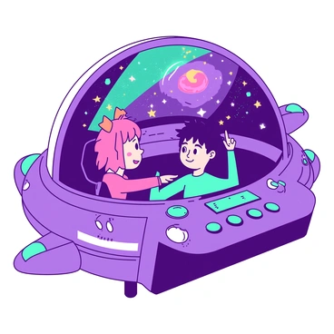 Scott and Ramona are seated at the control panel of a whimsical spaceship that features oversized buttons and a rounded, streamlined design. The interior of the spaceship is a vibrant mix of colors, with teal and purple accents illuminating the space. Through the large panoramic window, a colorful galaxy is visible, filled with swirling nebulas and bright stars in various hues. Scott has a determined expression as he pilots the ship, while Ramona is pointing excitedly at a cluster of stars outside. The control panel is adorned with blinking lights and playful gadgets. The atmosphere inside the spaceship is filled with a sense of adventure and exploration.