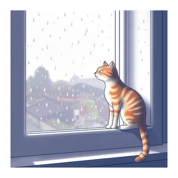 A cat with orange stripes is sitting on a windowsill, gazing out of a window. The window glass is covered in numerous raindrops, which appear to be gently tapping against the surface. Outside the window, a blurred landscape can be seen, hinting at a rainy day. The interior of the room is dimly lit, emphasizing the feeling of being indoors while it rains. The cat has an expression of curiosity and relaxation as it watches the weather.