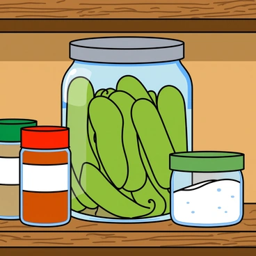 A large glass pickle jar filled with vibrant green pickles is prominently placed on a rustic wooden kitchen shelf. The jar has a metal lid that shines softly under the light. Surrounding the pickle jar are various smaller jars containing different spices, each with colorful labels. There is a small jar of paprika with a bright red lid and a clear jar of salt with a white label. The wooden shelf has a weathered texture, showcasing its age and character, and the background features a warm, inviting kitchen atmosphere.