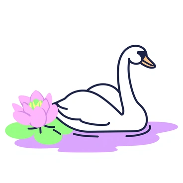 A swan is swimming smoothly on a calm body of water. The swan has a long neck, pristine feathers, and is positioned elegantly as it glides. Surrounding the swan, there are blooming lotus flowers floating on the surface of the water. The lotus flowers are open, showcasing their delicate petals and vibrant centers. The scene captures a peaceful atmosphere, with the water reflecting the beauty of the swan and the lotus flowers.