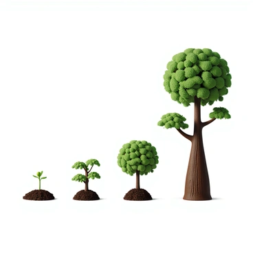 A sequence illustrating the growth stages of a tree from seed to mature tree. The first stage shows a small seed nestled in rich, dark soil. The second stage features a tiny green sprout emerging from the soil, with delicate leaves unfurling. The third stage depicts a young sapling with a thin trunk and lush green leaves, growing taller. The fourth stage presents a semi-mature tree with a thicker trunk and a fuller canopy of leaves, with some branches extending outward. The final stage showcases a fully mature tree with a wide trunk, an expansive canopy, and a mix of vibrant green leaves. The background shows a clear blue sky, emphasizing the different growth stages of the tree.