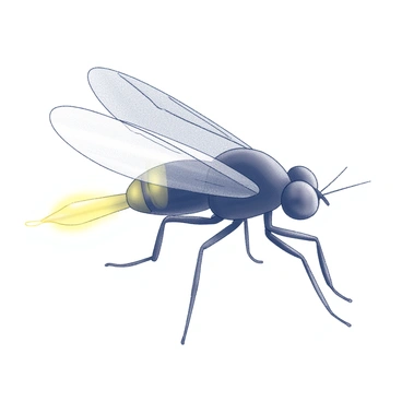 A close-up illustration of a firefly. The firefly's body is segmented, showcasing its exoskeleton in fine detail. Its head features large compound eyes and antennae. The internal anatomy is visible, revealing the intricate organ systems, including the digestive tract and light-producing organs. The tail glows brightly, emitting a yellow luminescence that contrasts with the dark background of the illustration. Each segment of its body is precisely outlined, emphasizing the unique structure of this insect.