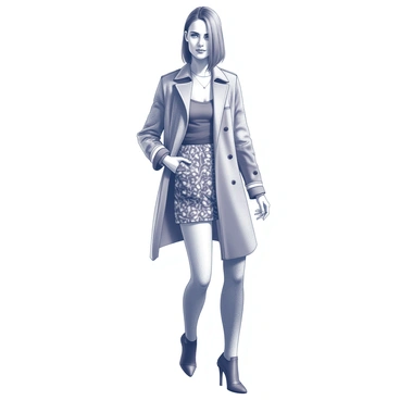 A fashion portrait of a model standing confidently. The model is dressed in a striking outfit with bold patterns and textures, showcasing a mix of styles and accessories. The attire includes layers, perhaps a fitted jacket or a flowing dress. The model's pose is dynamic, with one hand placed on the hip and a slight tilt of the head. The background is neutral, enhancing the focus on the model and her fashionable ensemble. The lighting highlights the details of the outfit, emphasizing the shapes and patterns of the clothing.