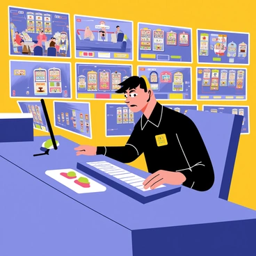 A vigilant security guard with a serious expression is seated at a large control desk in a brightly lit control room. Multiple monitors are displaying live feeds from various cameras positioned around the casino floor. The guard is wearing a dark uniform with a badge, and there are several buttons and control panels in front of him. In the background, the walls are lined with screens showing different angles of the bustling casino, featuring colorful slot machines and groups of people. A headset rests on the guard's head, suggesting he is in communication with other security personnel.